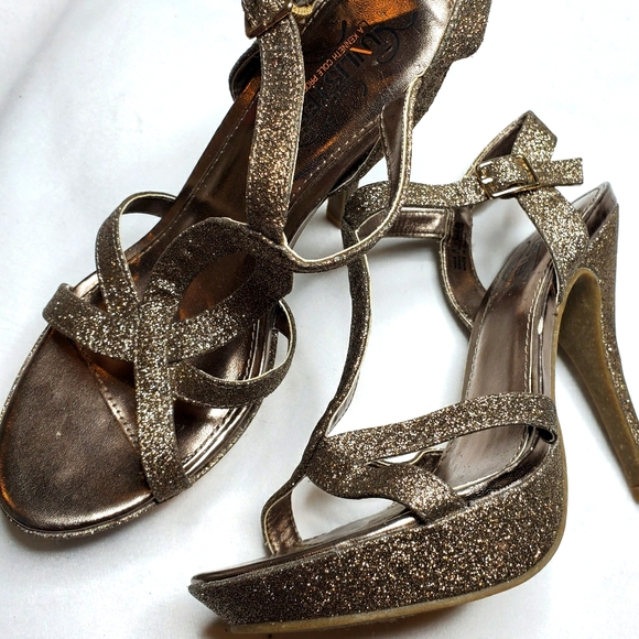 Unlisted Gold Shimmer Glitter Strappy Heels - Picture 10 of 14